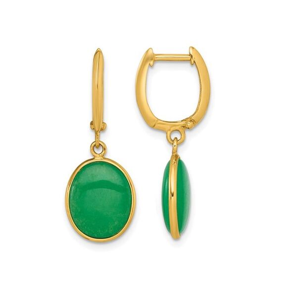 14K Yellow Gold Oval Jade Cabochon Dangle Hoop Earrings